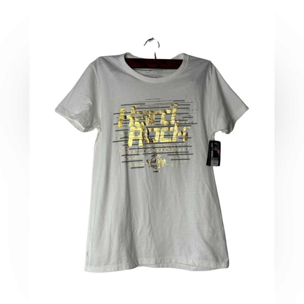 NWT Hard Rock Cafe white and gold‎ short sleeve women's t-shirt size L